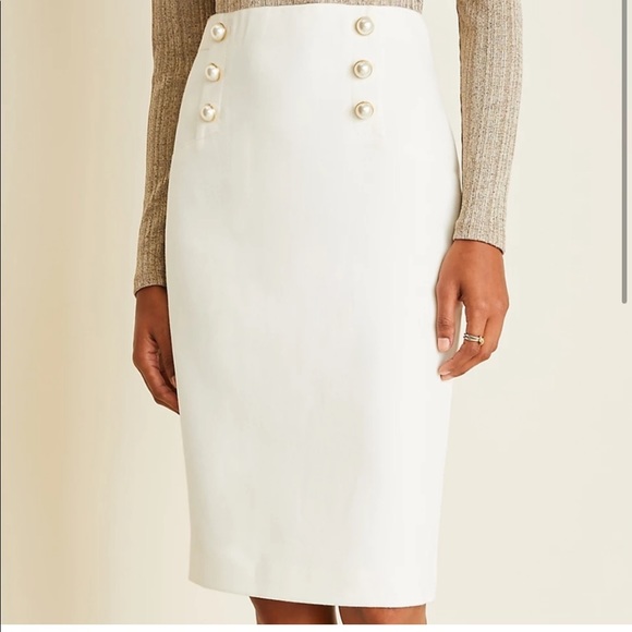 Stretchy white pencil skirt with Pearl button front - Picture 1 of 5